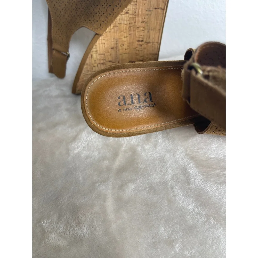 A.N.A. Malik Women Brown Laser Cut Wedge Sandals Cork Heel Slingback Size 10M